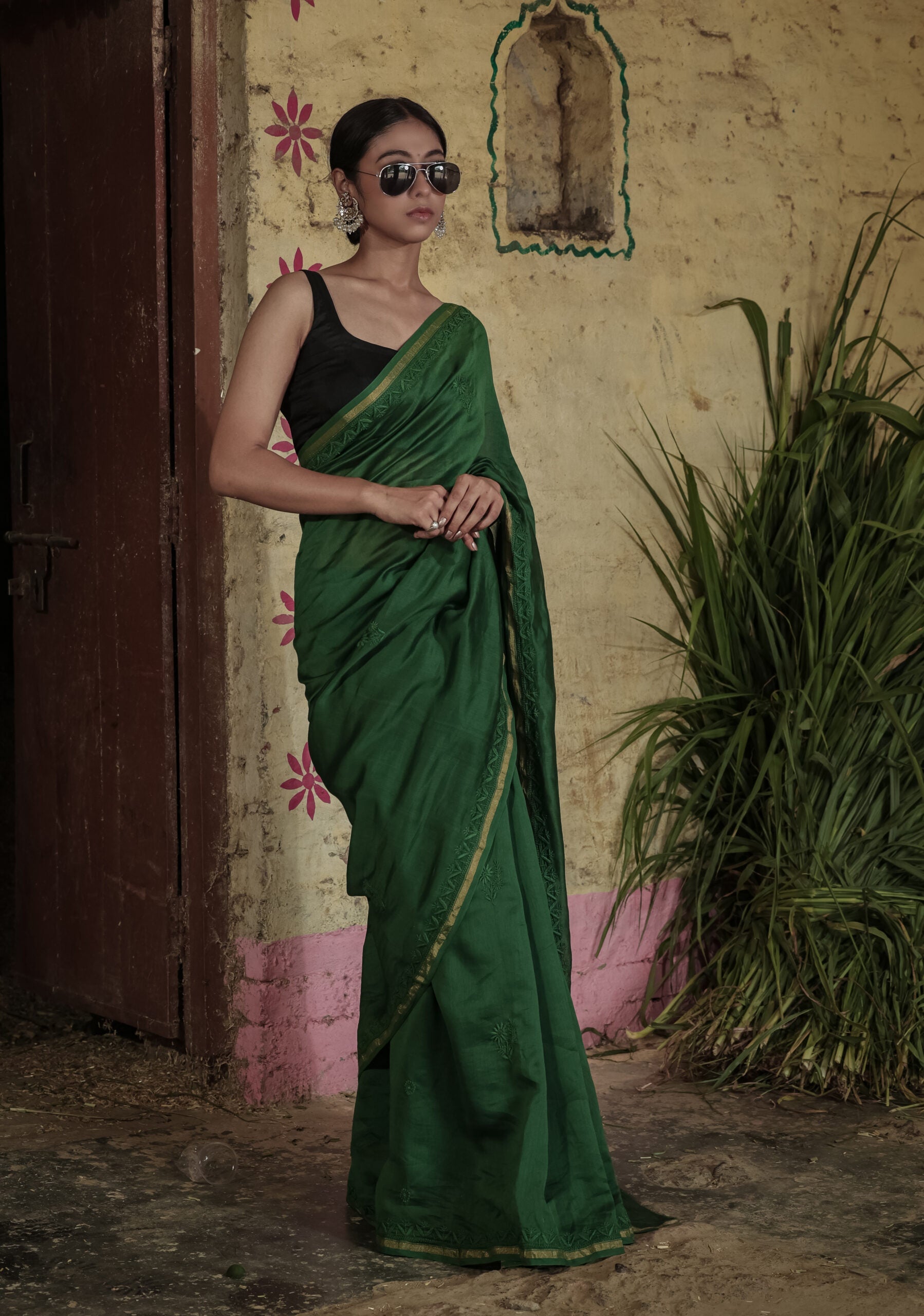 Urviya Chikankari Chanderi Tone on Tone with Border Palla Green