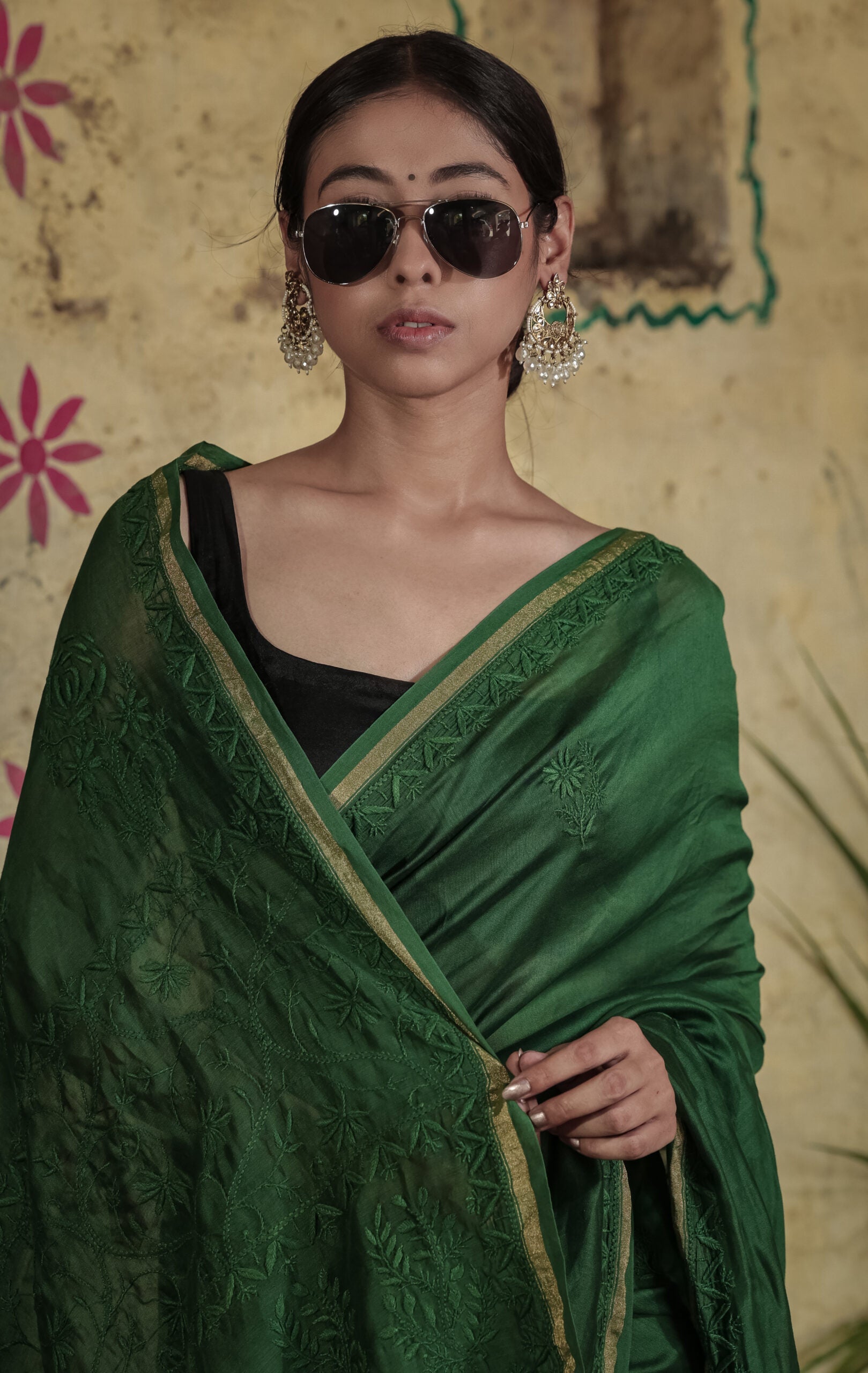 Urviya Chikankari Chanderi Tone on Tone with Border Palla Green