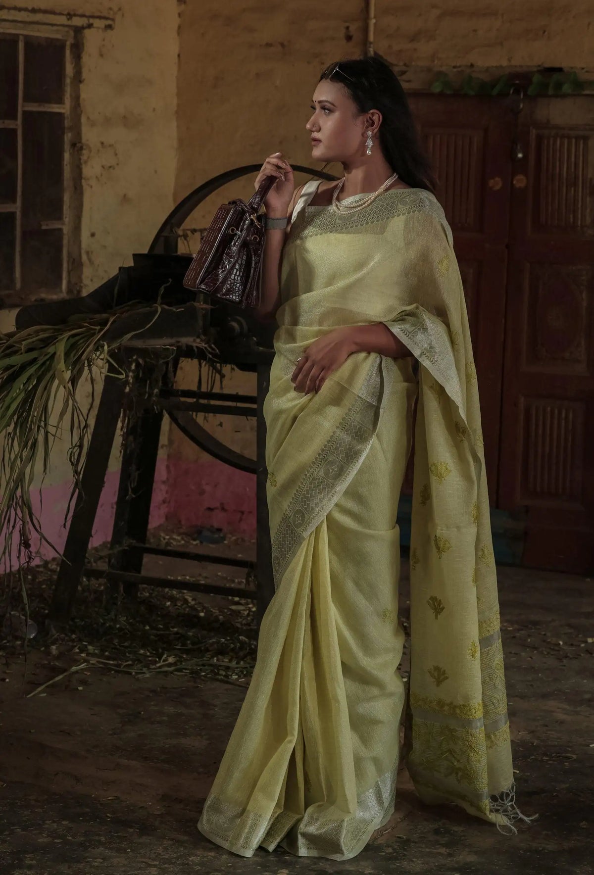 Green Chanderi Banarasi Tone on Tone Chikankari Saree Green Chanderi Banarasi Tone on Tone Chikankari Saree 