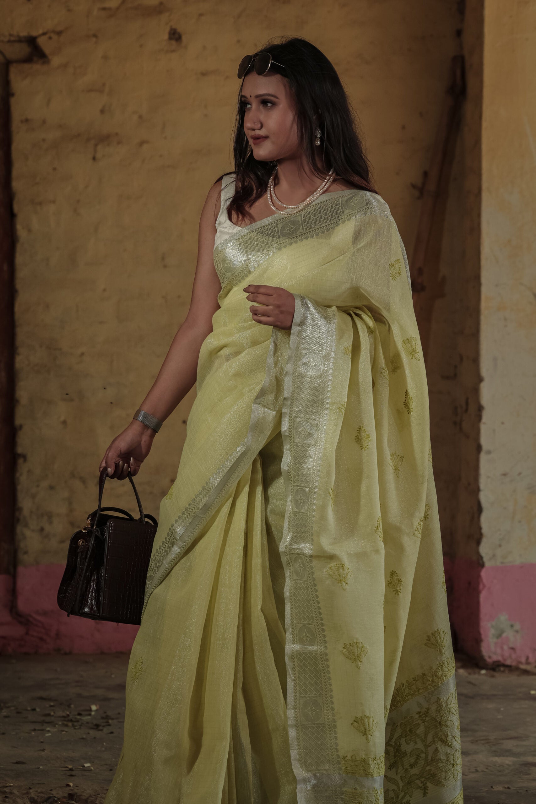 Urviya Chikankari Chanderi Banarasi Tone on Tone Saree Light Green