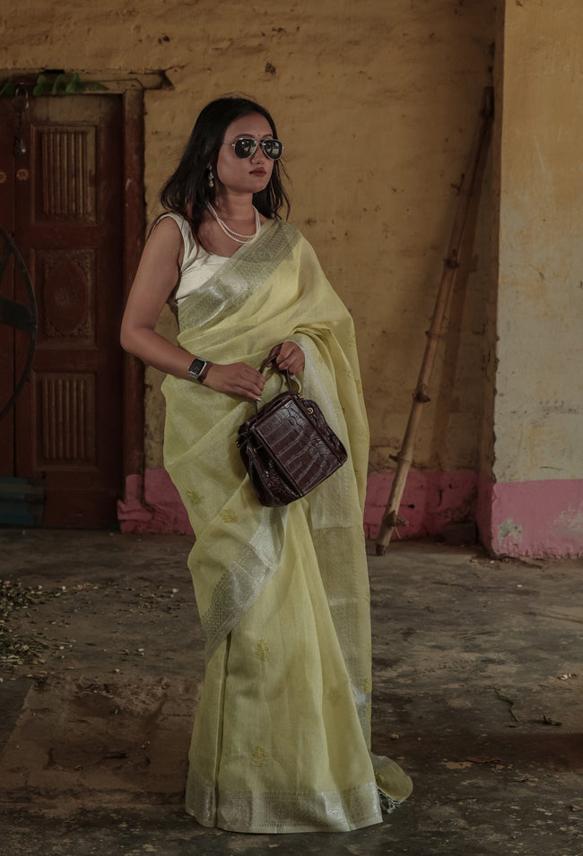 Urviya Chikankari Chanderi Banarasi Tone on Tone Saree Light Green