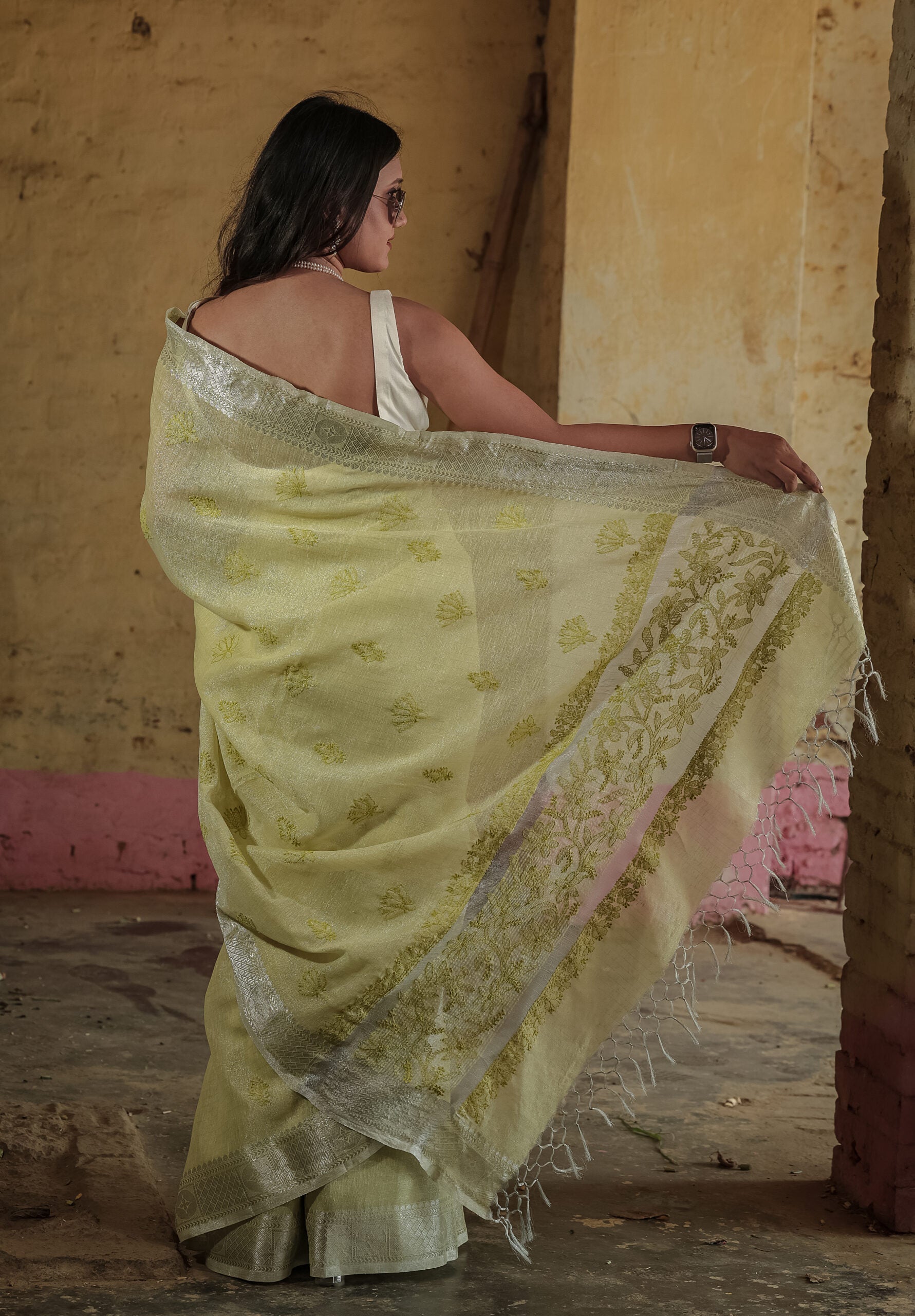 Urviya Chikankari Chanderi Banarasi Tone on Tone Saree Light Green