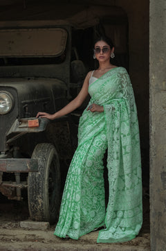 Green Viscose Georgette Chikankari Full Jaal Saree