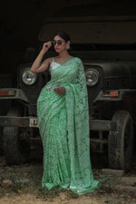 Urviya Chikankari Viscose Georgette Saree - Full Jaal Work Green
