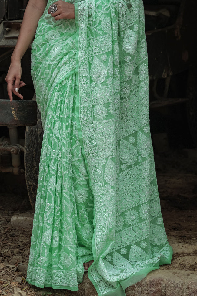 Urviya Chikankari Viscose Georgette Saree - Full Jaal Work Green