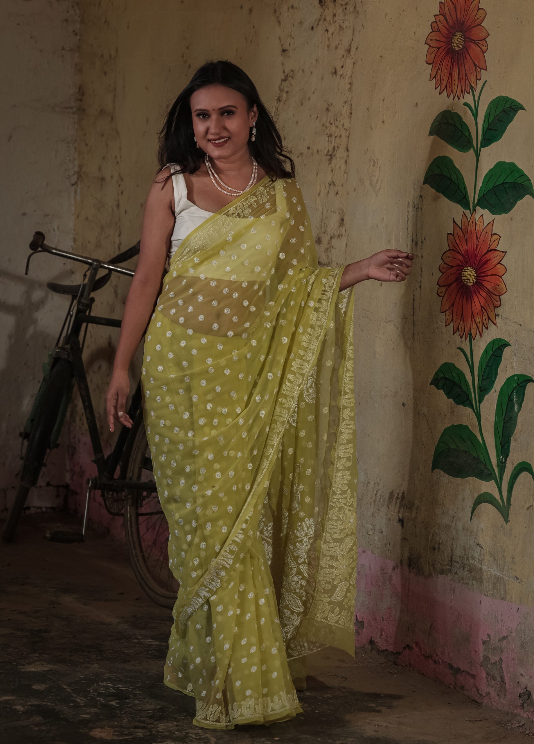 Urviya Chikankari Viscose Georgette Saree with Keel Jaal Work Yellow