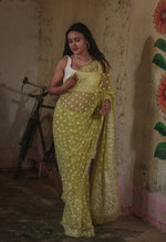 Urviya Chikankari Viscose Georgette Saree with Keel Jaal Work Yellow