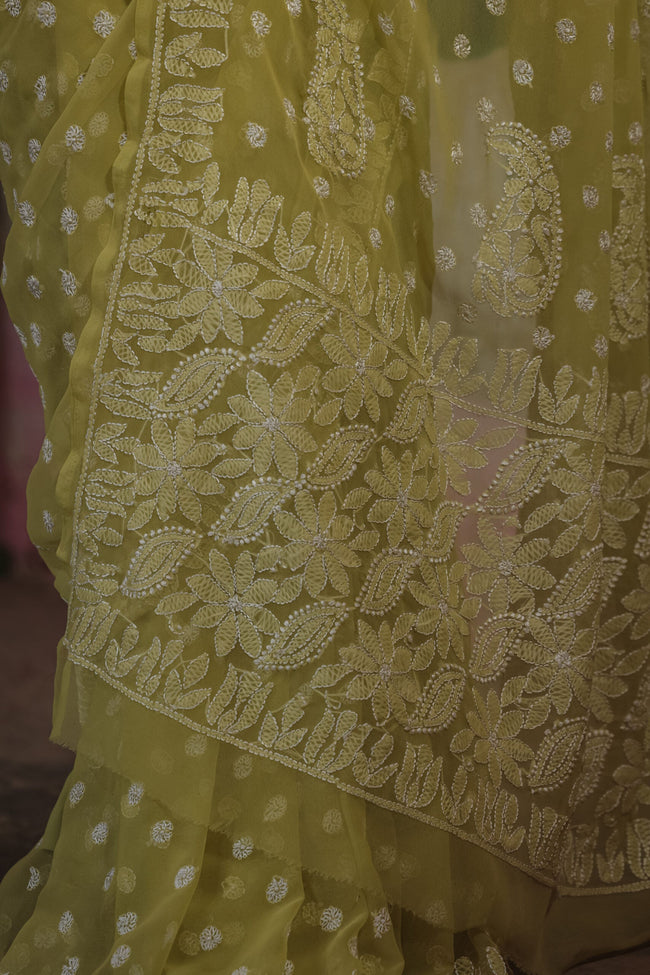 Urviya Chikankari Viscose Georgette Saree with Keel Jaal Work Yellow
