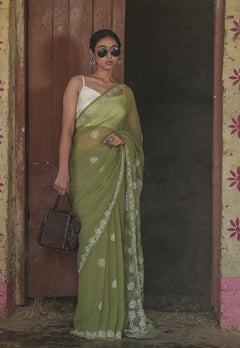Dark Green Viscose Georgette Palla Booti Chikankari Saree