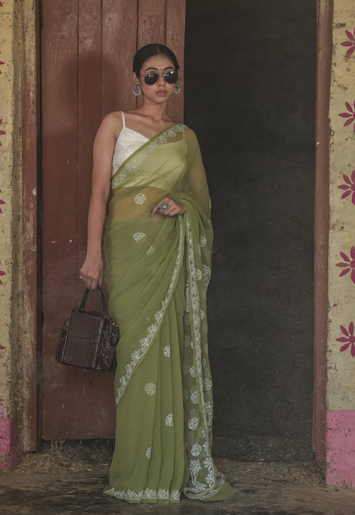 Urviya Chikankari Viscose Georgette Saree with Palla Booti Green