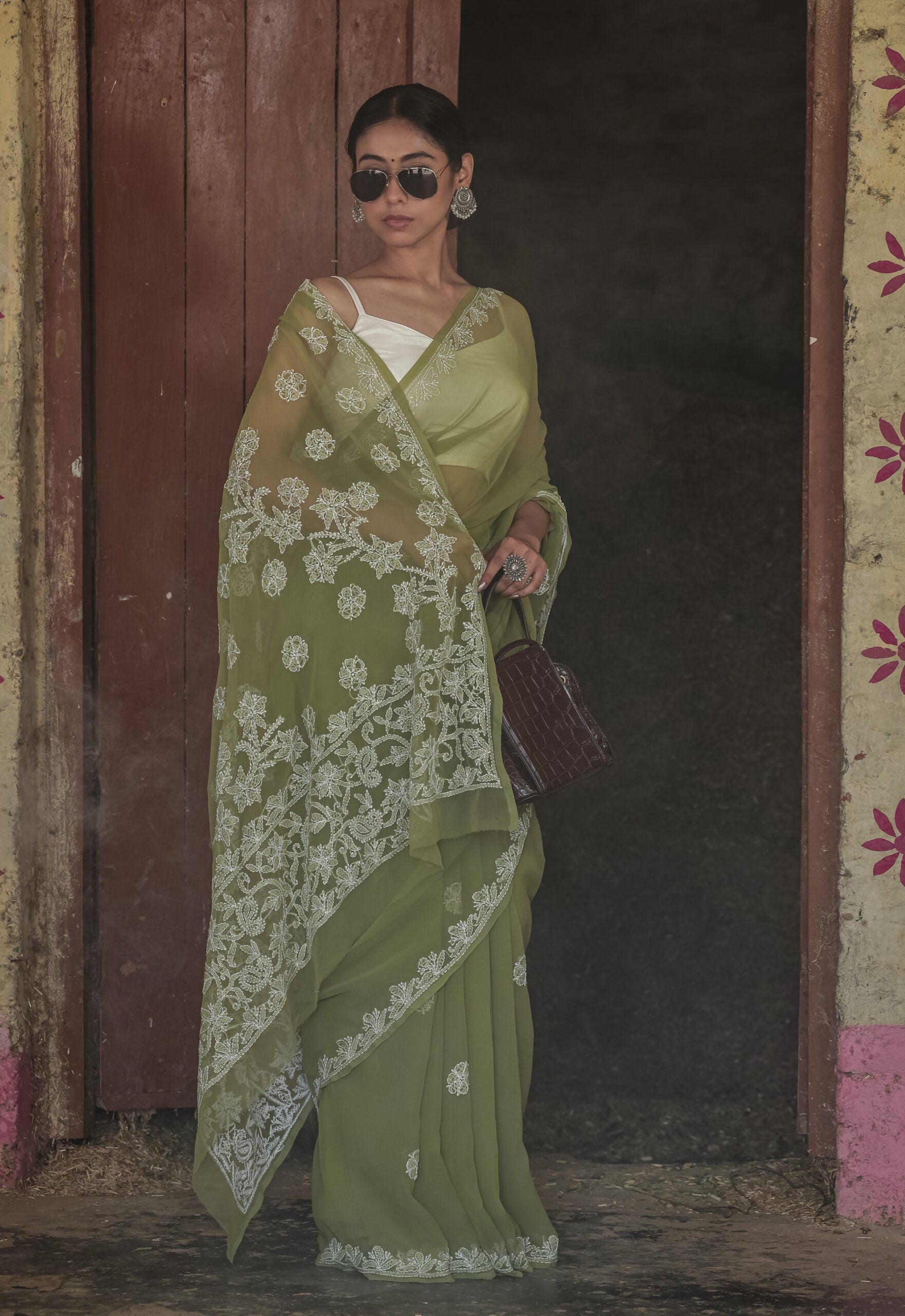 Urviya Chikankari Viscose Georgette Saree with Palla Booti Green