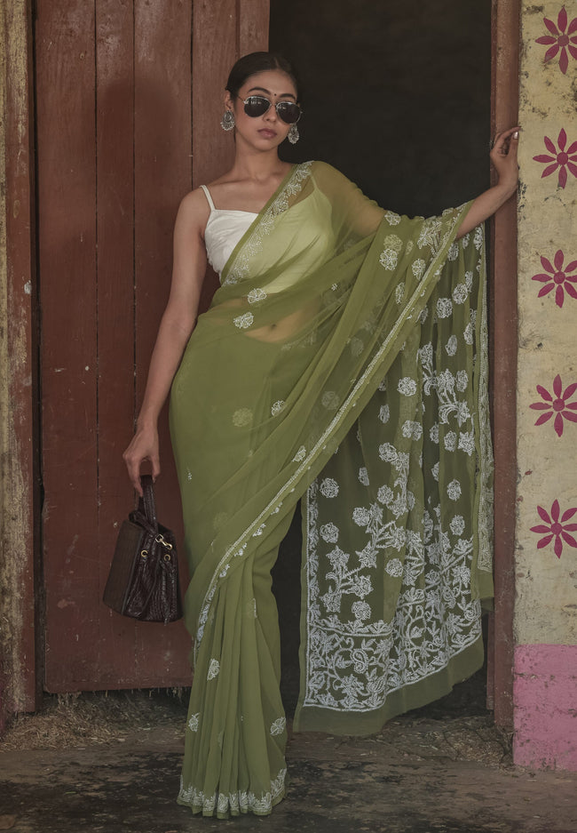 Urviya Chikankari Viscose Georgette Saree with Palla Booti Green
