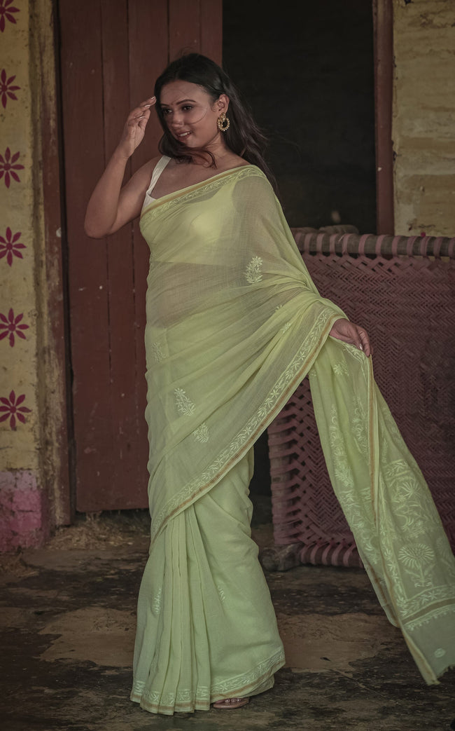 Urviya Chikankari Maheshwari Cotton Saree - Tone on Tone Green