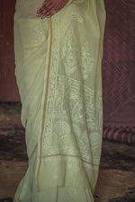 Urviya Chikankari Maheshwari Cotton Saree - Tone on Tone Green