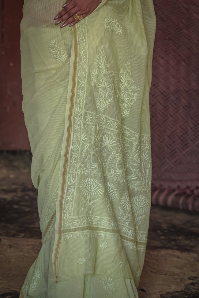 Urviya Chikankari Maheshwari Cotton Saree - Tone on Tone Green