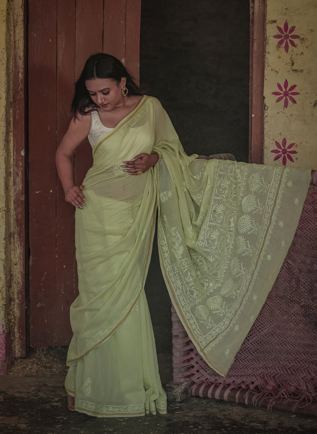 Urviya Chikankari Maheshwari Cotton Saree - Tone on Tone Green