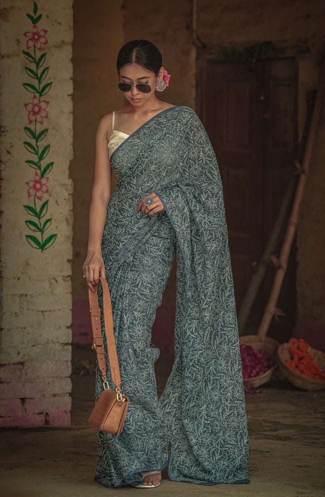 Urviya Chikankari Kota Doria Saree - Tepchi Work Black