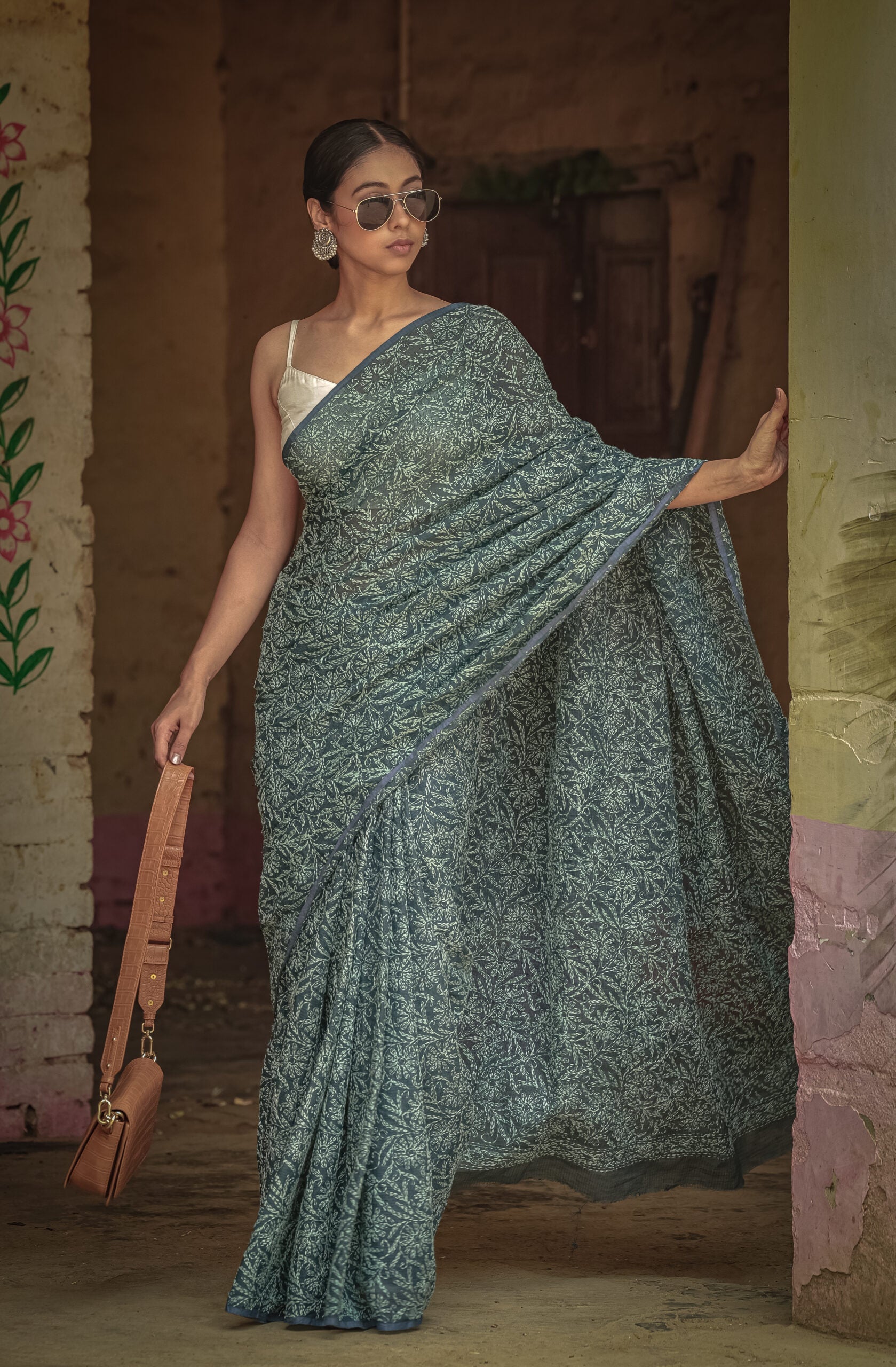 Urviya Chikankari Kota Doria Saree - Tepchi Work Black