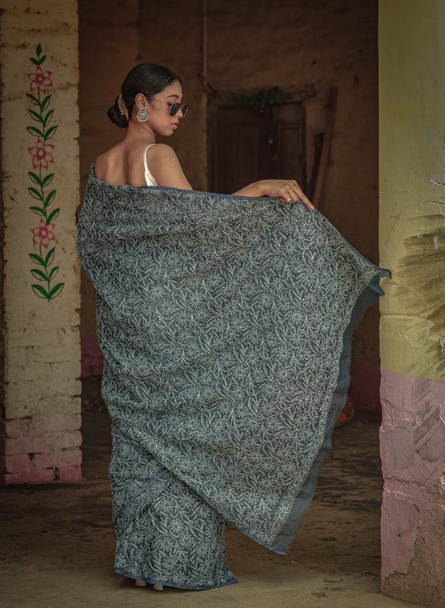 Urviya Chikankari Kota Doria Saree - Tepchi Work Black