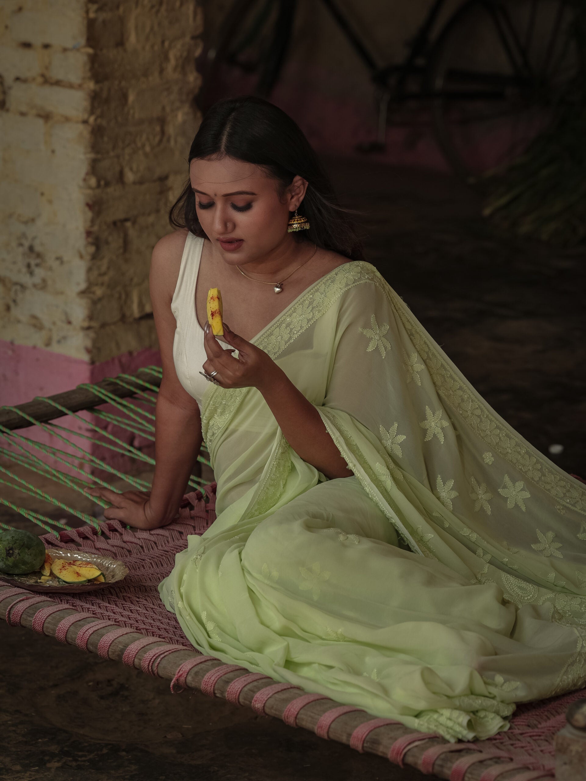 Urviya Chikankari Georgette Tone on Tone Saree with Border Palla Green