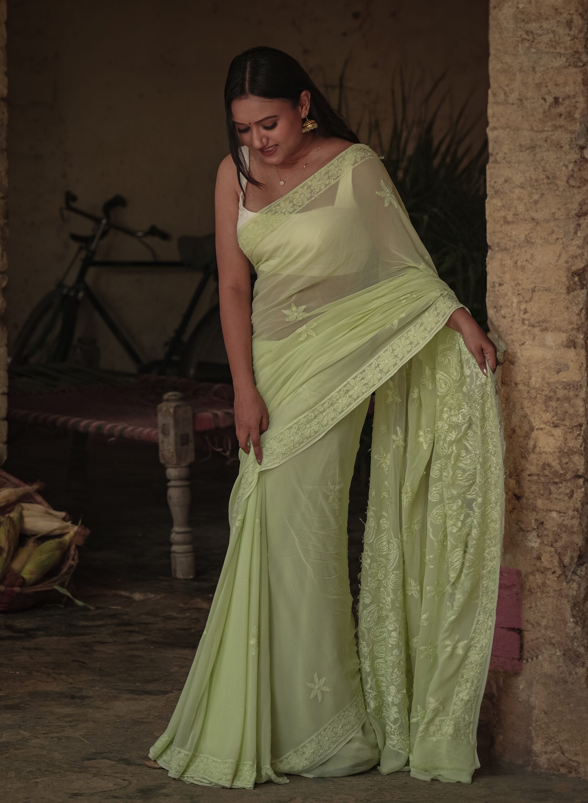 Green Georgette Tone on Tone Chikankari Border Palla Saree