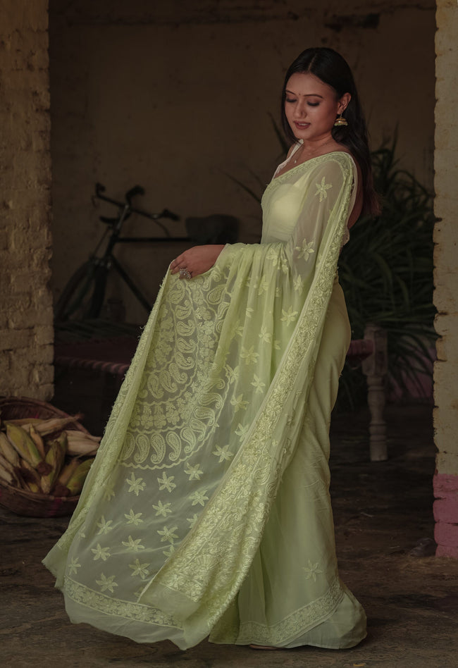 Urviya Chikankari Georgette Tone on Tone Saree with Border Palla Green