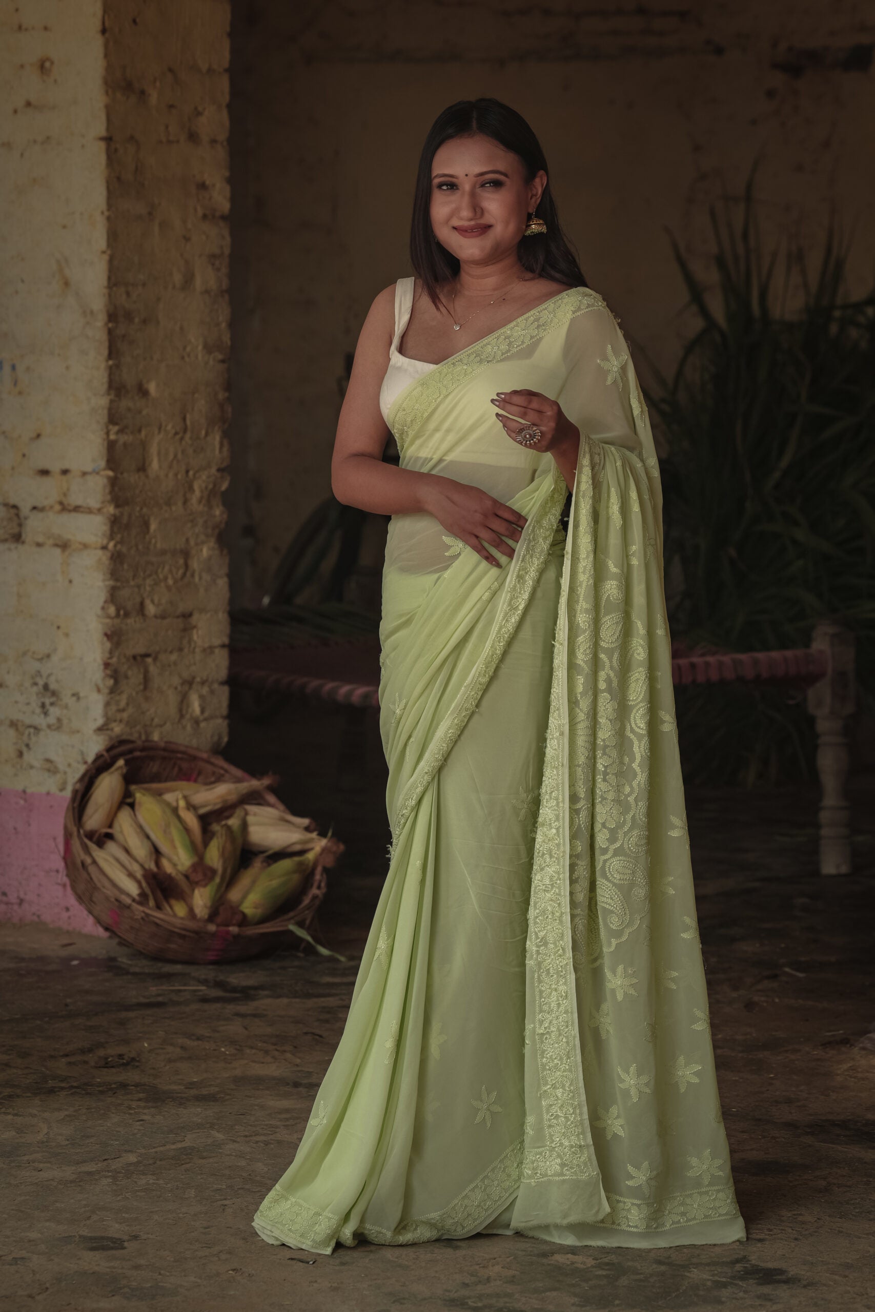 Urviya Chikankari Georgette Tone on Tone Saree with Border Palla Green