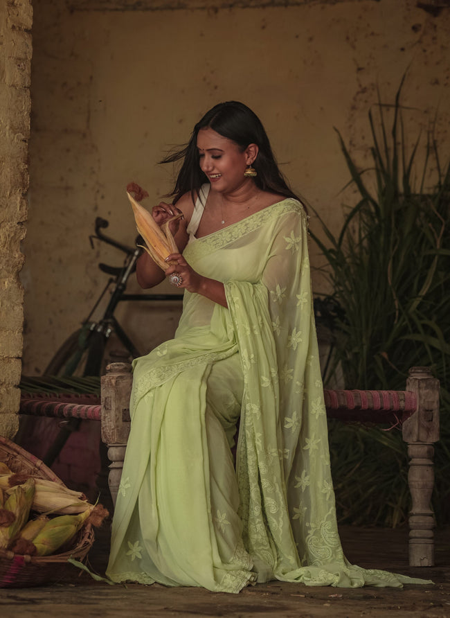 Urviya Chikankari Georgette Tone on Tone Saree with Border Palla Green