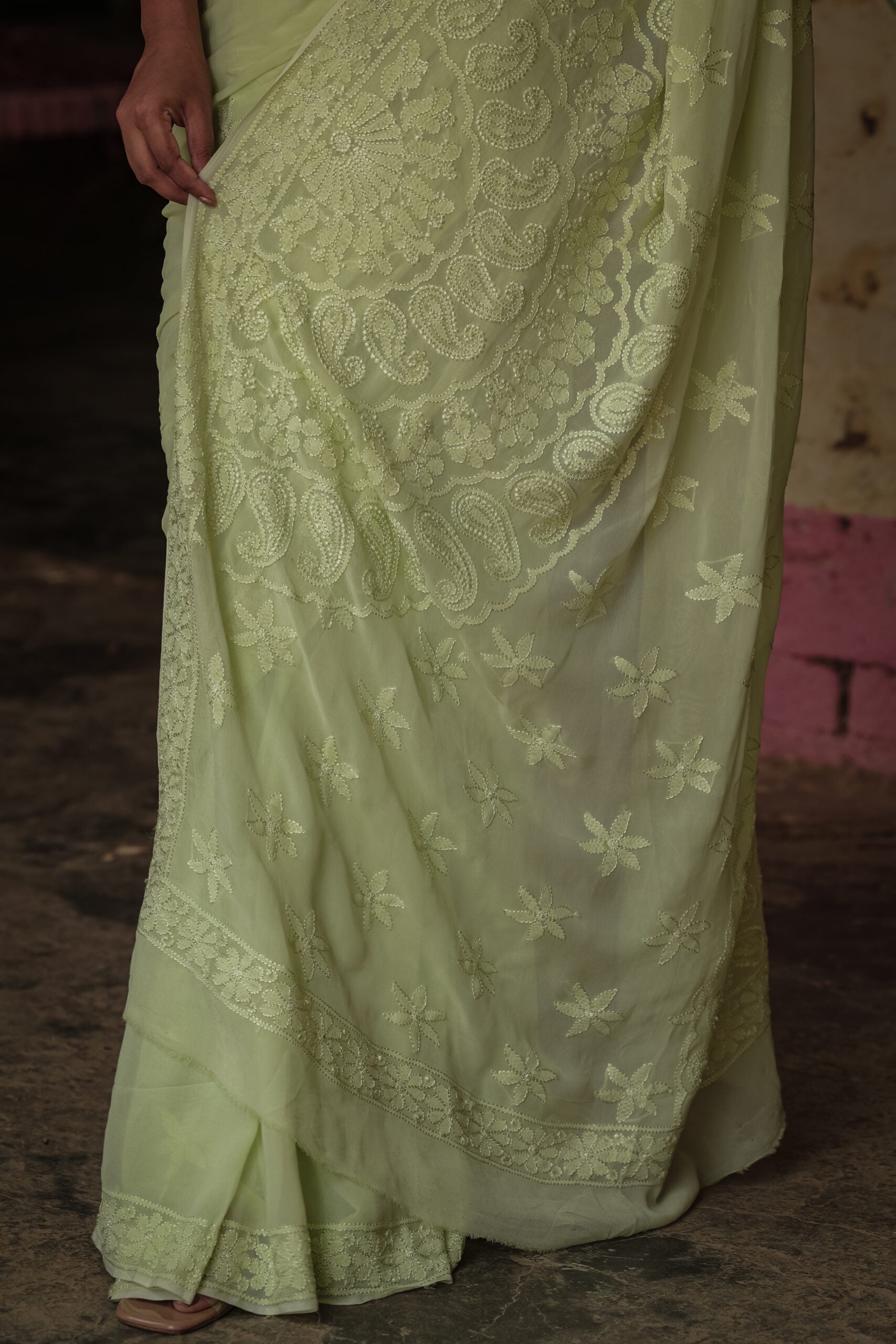 Green Georgette Tone on Tone Chikankari Border Palla Saree
