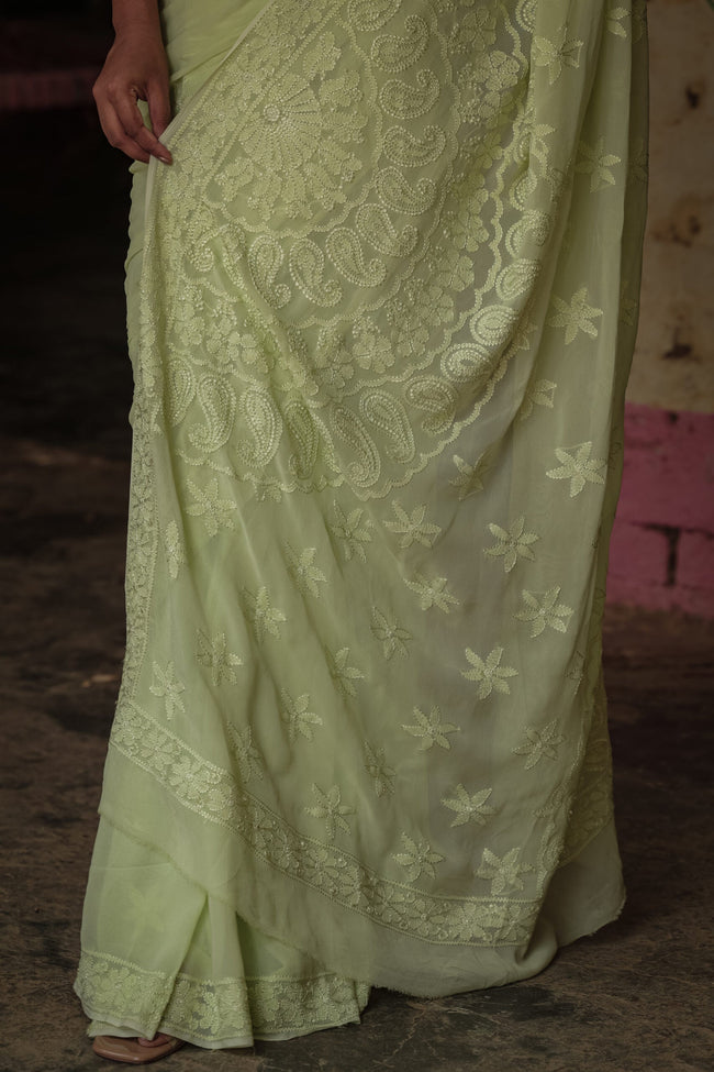 Urviya Chikankari Georgette Tone on Tone Saree with Border Palla Green