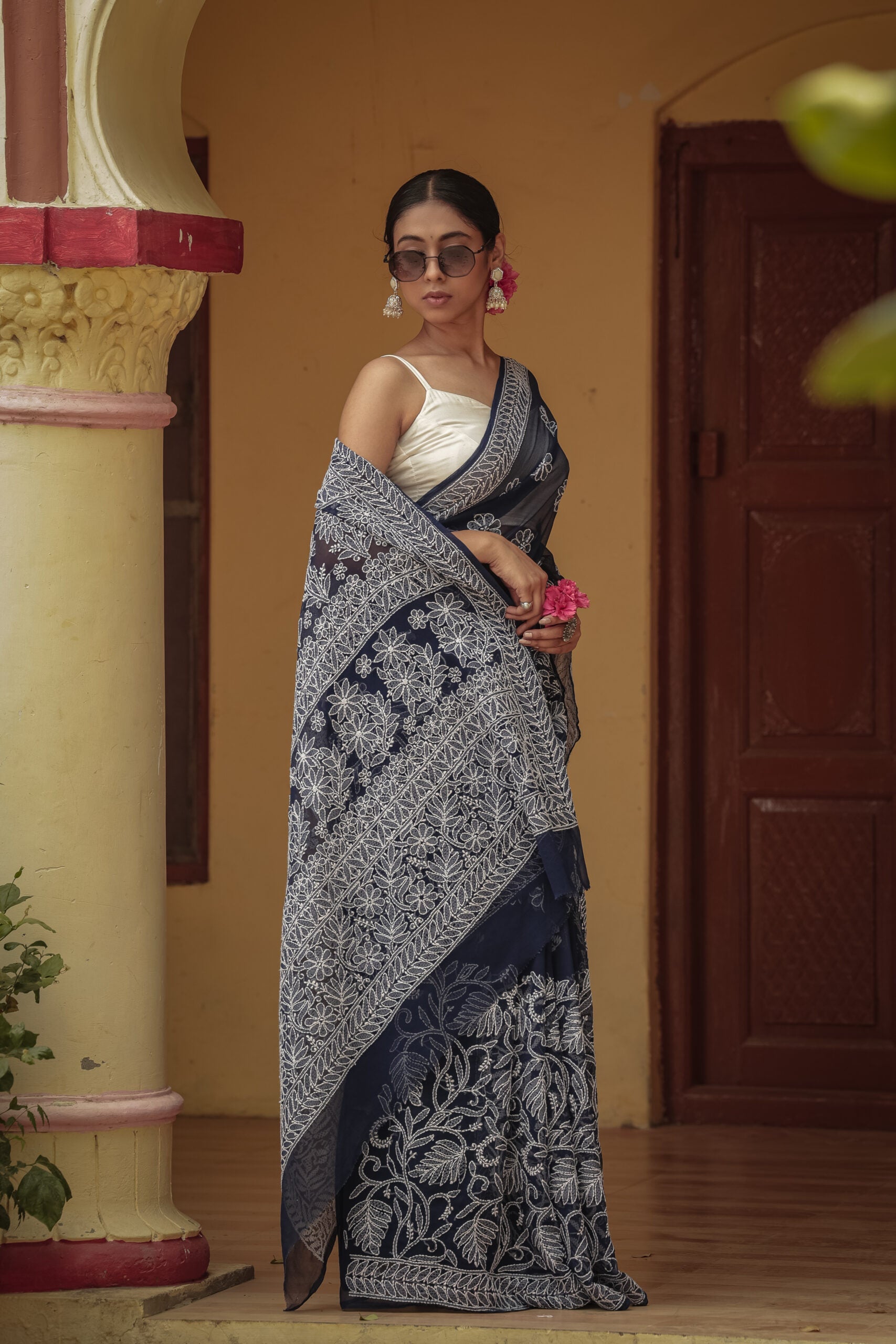 Urviya Chikankari Viscose Georgette Saree with Skirt Border Palla Dark Blue