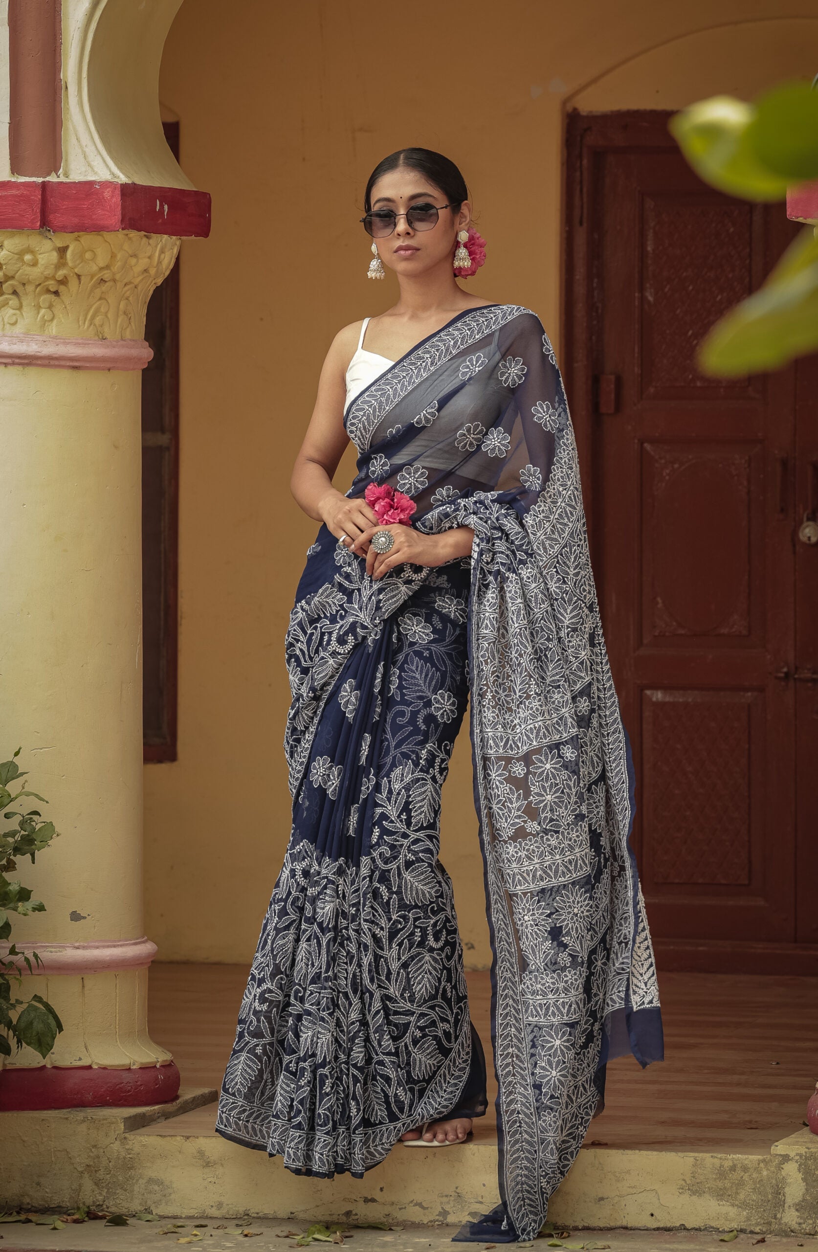 Urviya Chikankari Viscose Georgette Saree with Skirt Border Palla Dark Blue