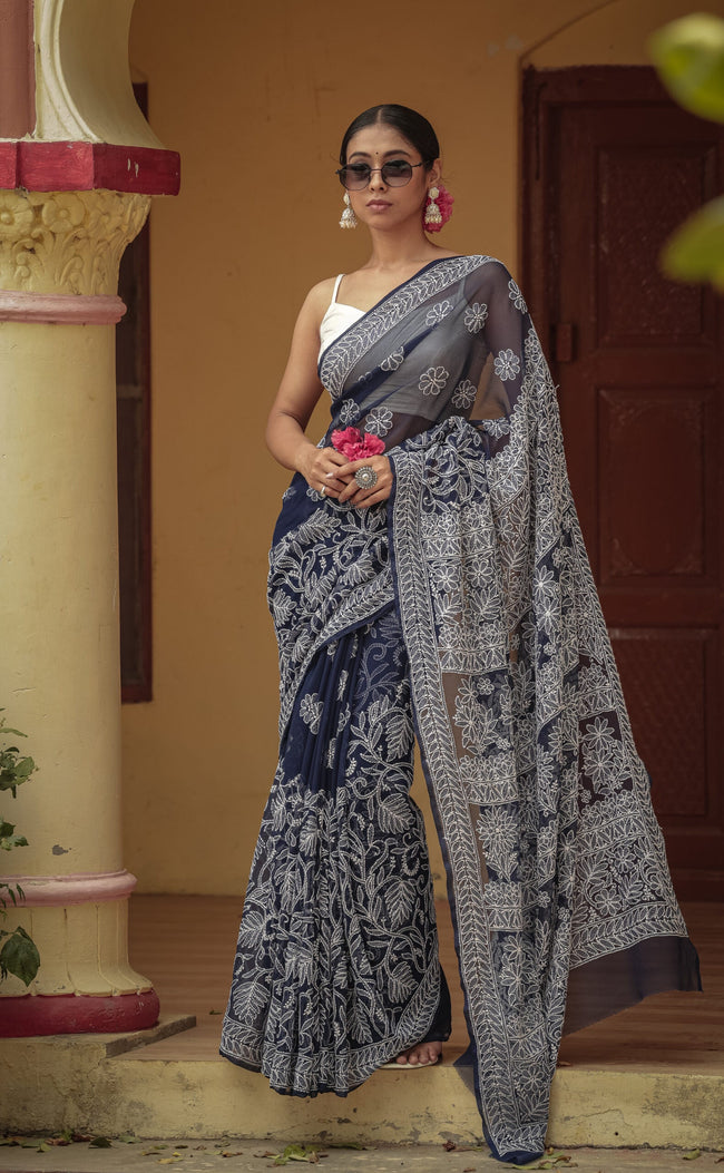 Urviya Chikankari Viscose Georgette Saree with Skirt Border Dark Blue