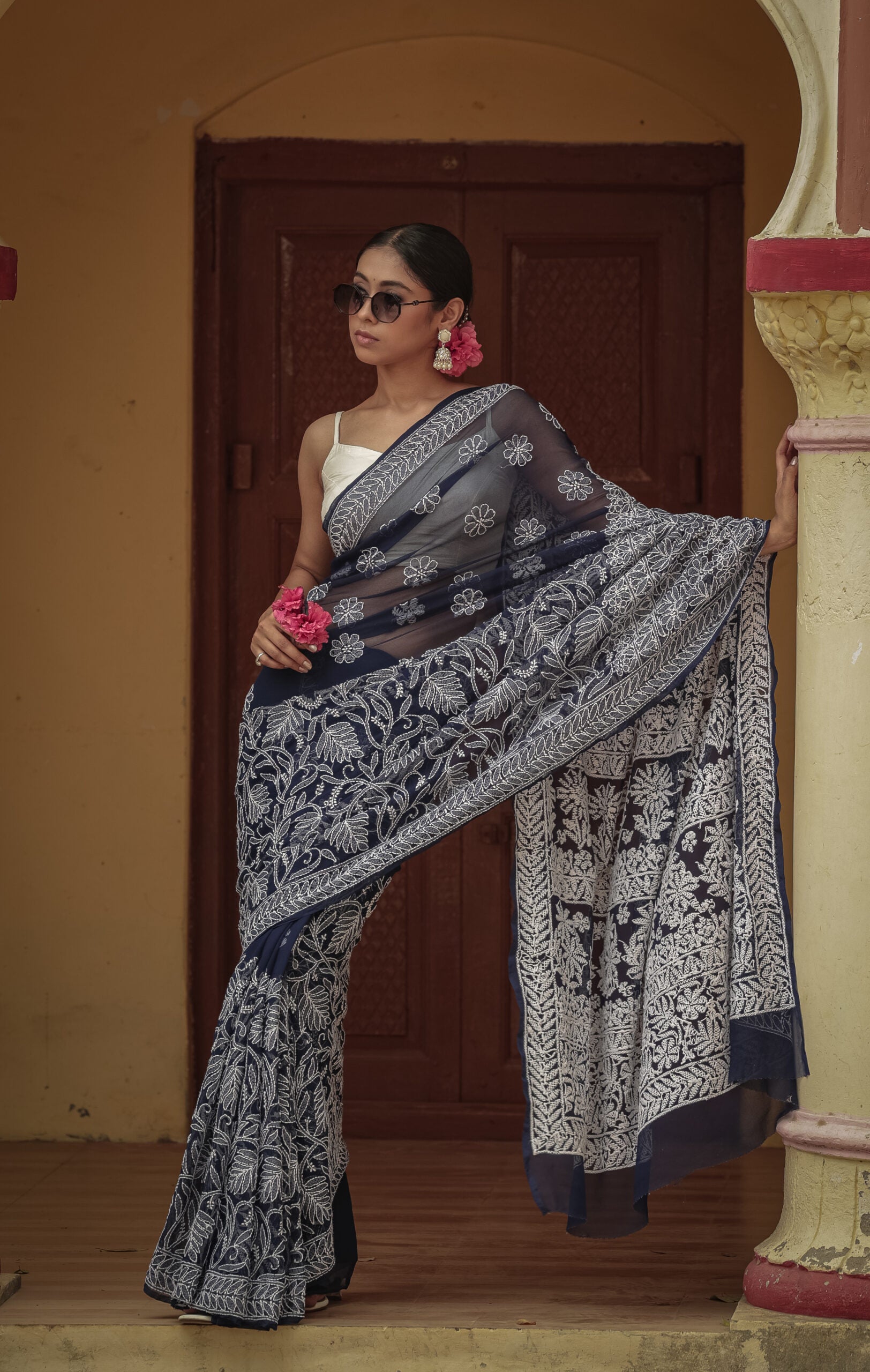 Urviya Chikankari Viscose Georgette Saree with Skirt Border Palla Dark Blue