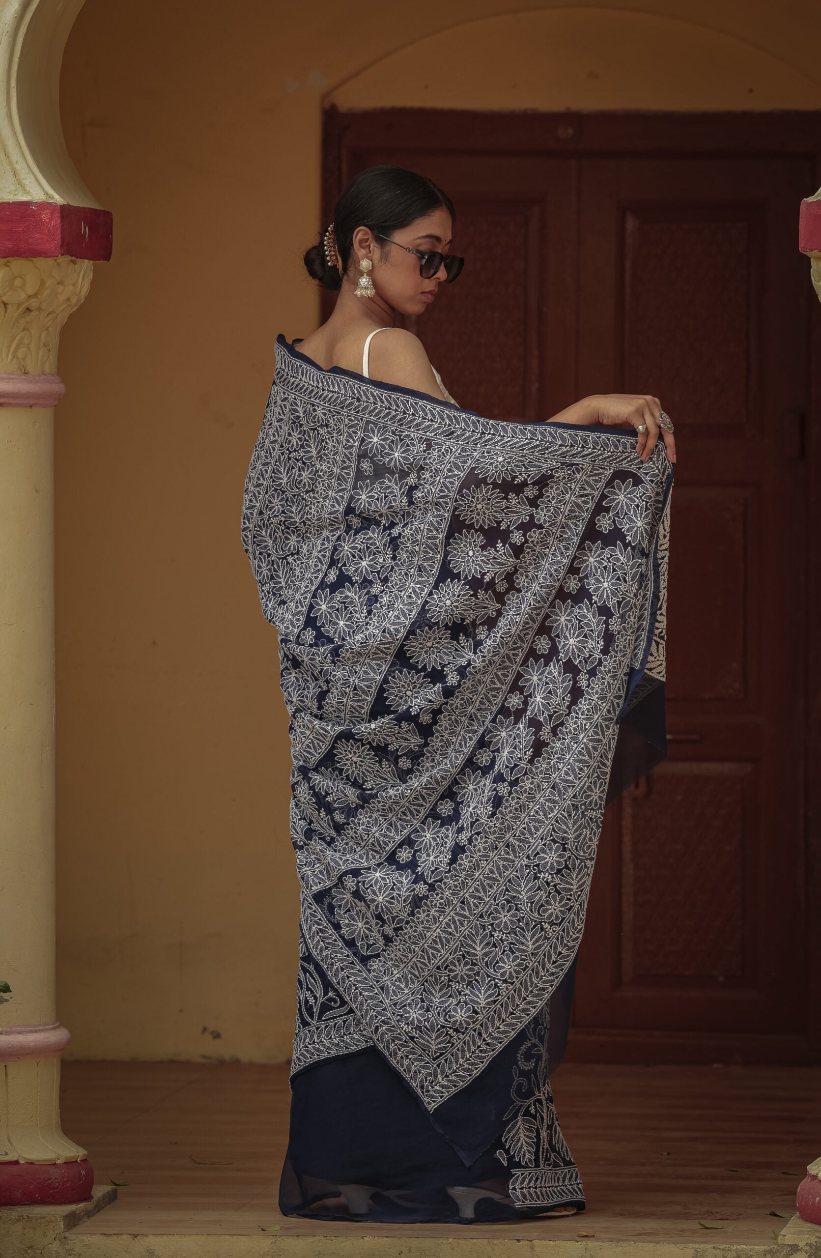 Urviya Chikankari Viscose Georgette Saree with Skirt Border Palla Dark Blue