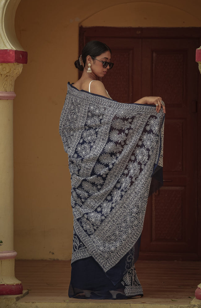 Urviya Chikankari Viscose Georgette Saree with Skirt Border Dark Blue