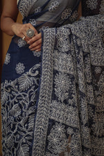 Urviya Chikankari Viscose Georgette Saree with Skirt Border Dark Blue