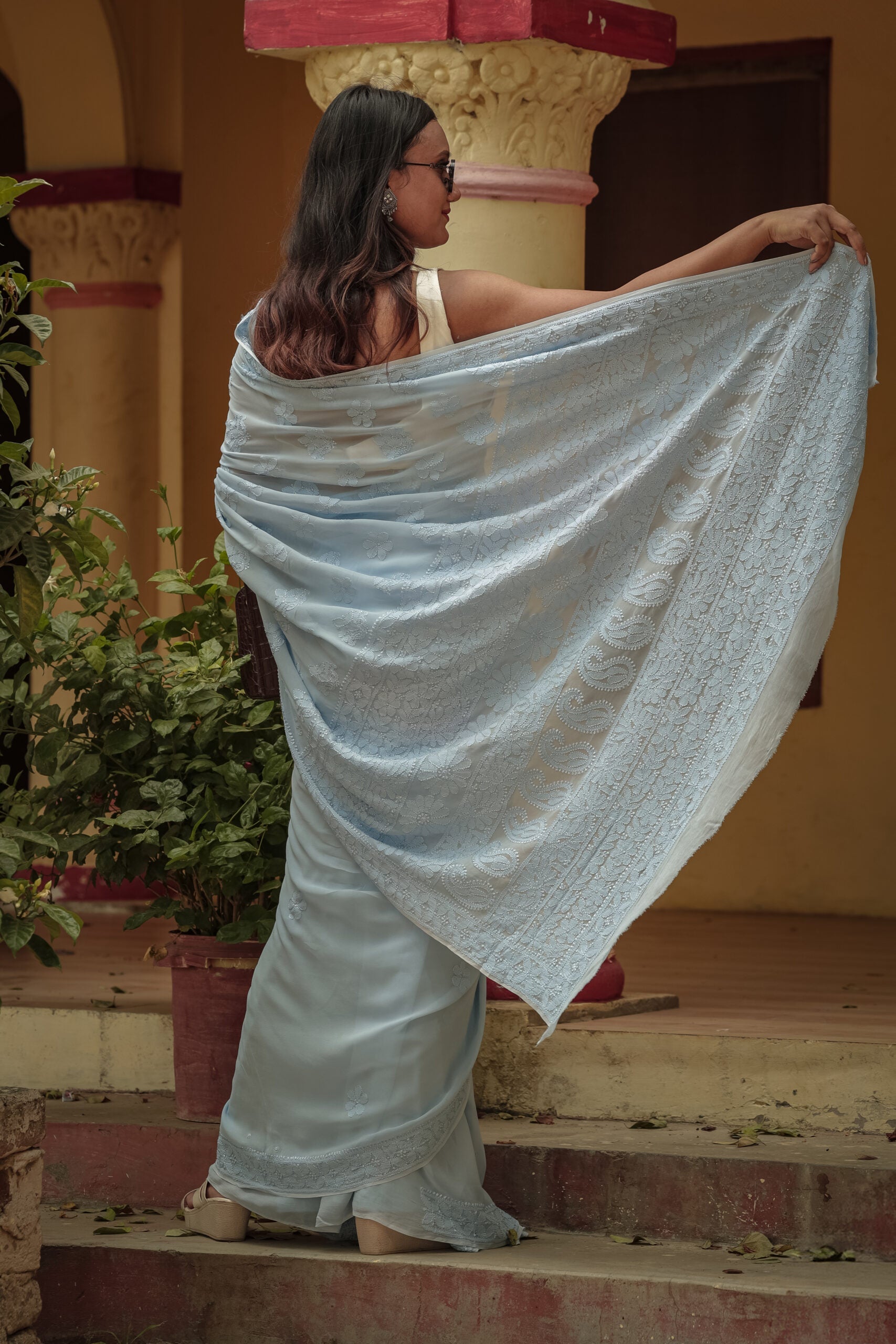 Urviya Blue Tone on Tone Georgette Chikankari Saree with Border Palla