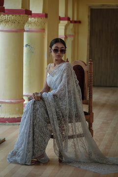 Blue Viscose Georgette Chikankari Tepchi Work Saree