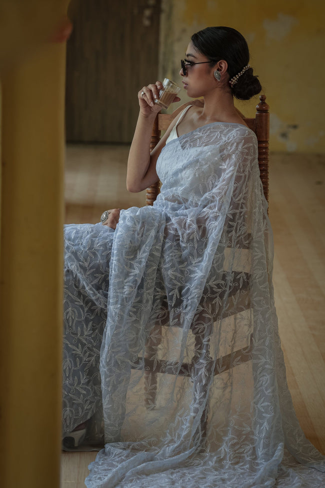 Urviya Chikankari Viscose Georgette Saree with Tepchi Work Blue