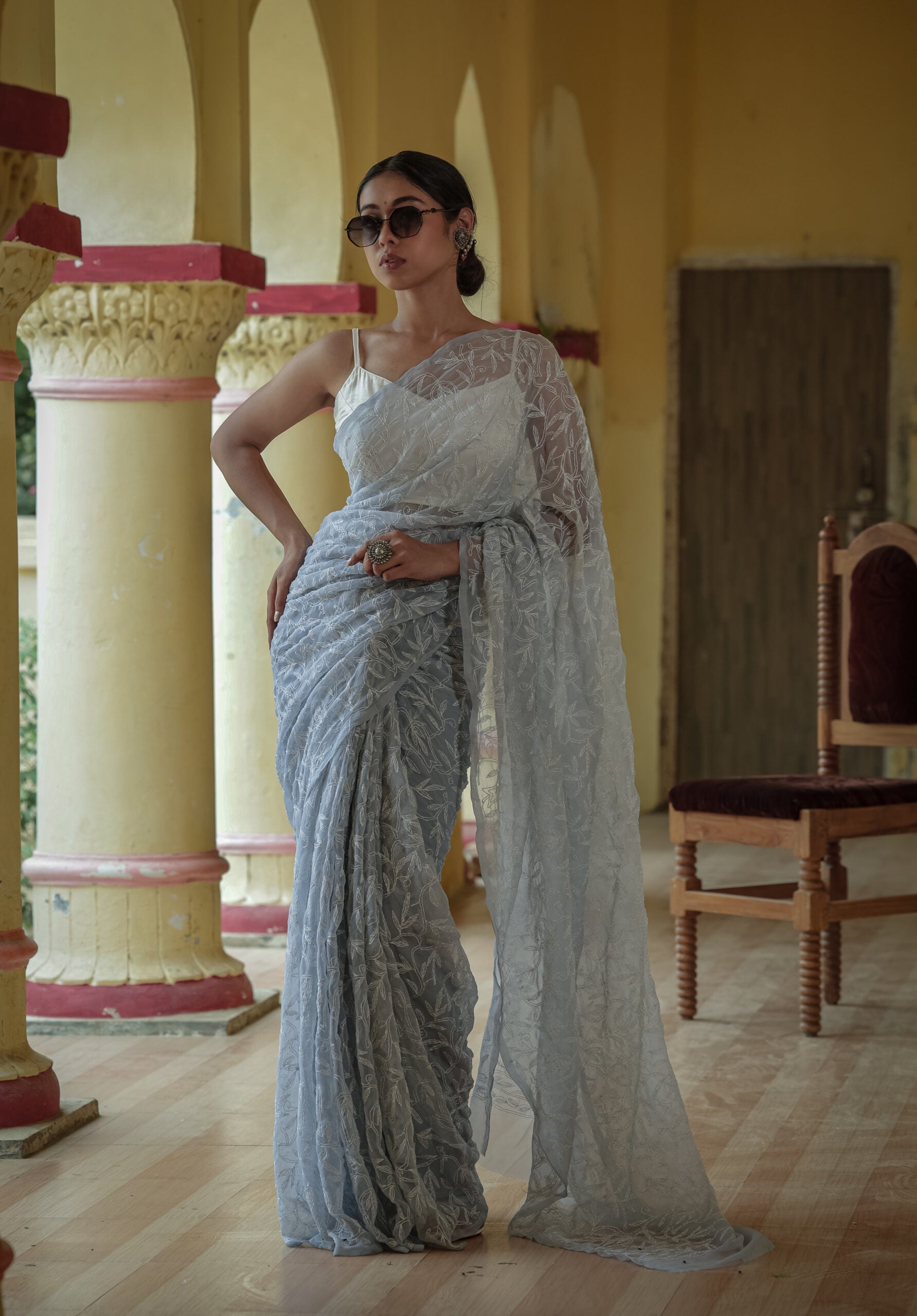 Urviya Chikankari Viscose Georgette Saree with Tepchi Work Blue