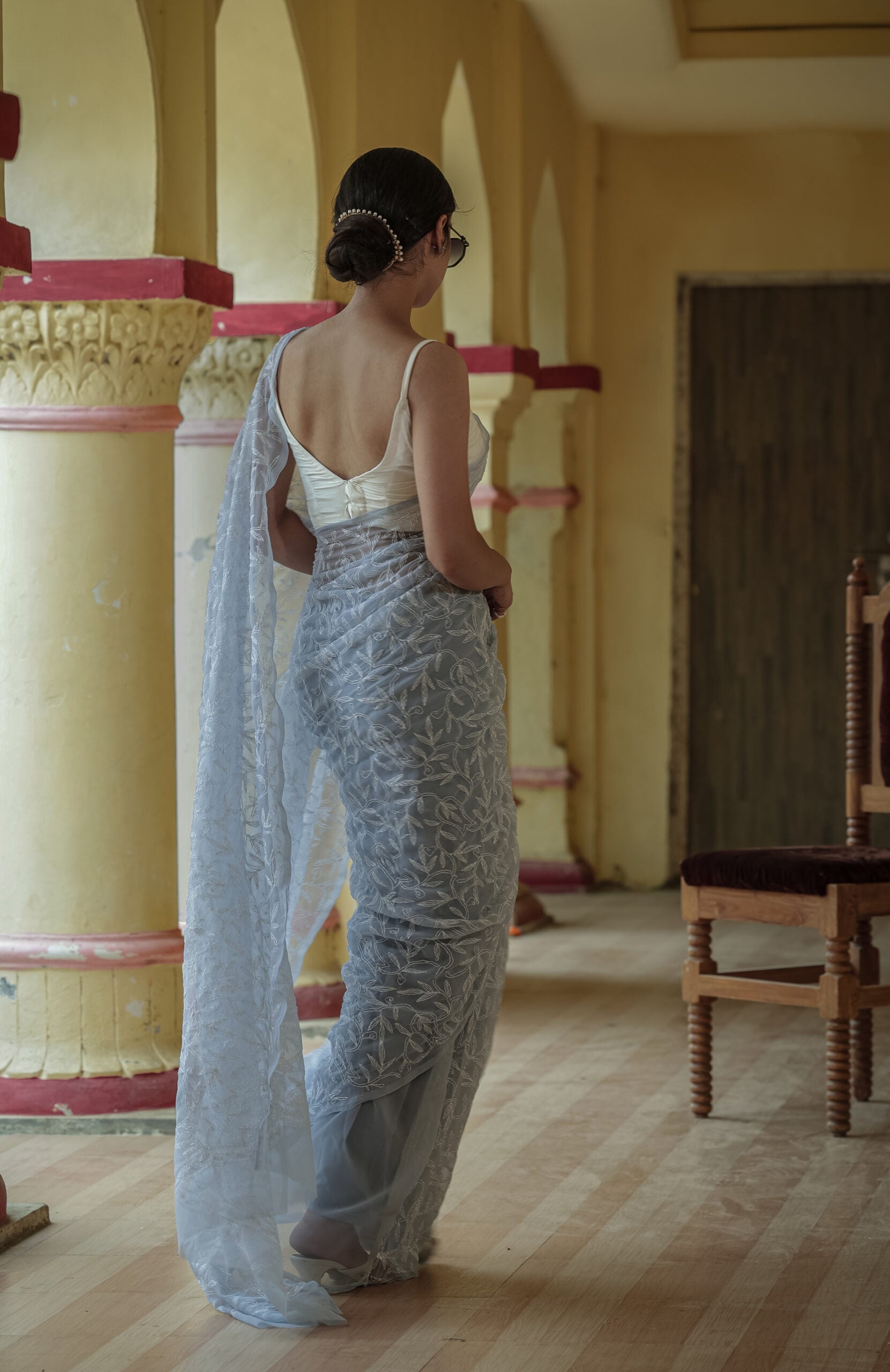 Urviya Chikankari Viscose Georgette Saree with Tepchi Work Blue