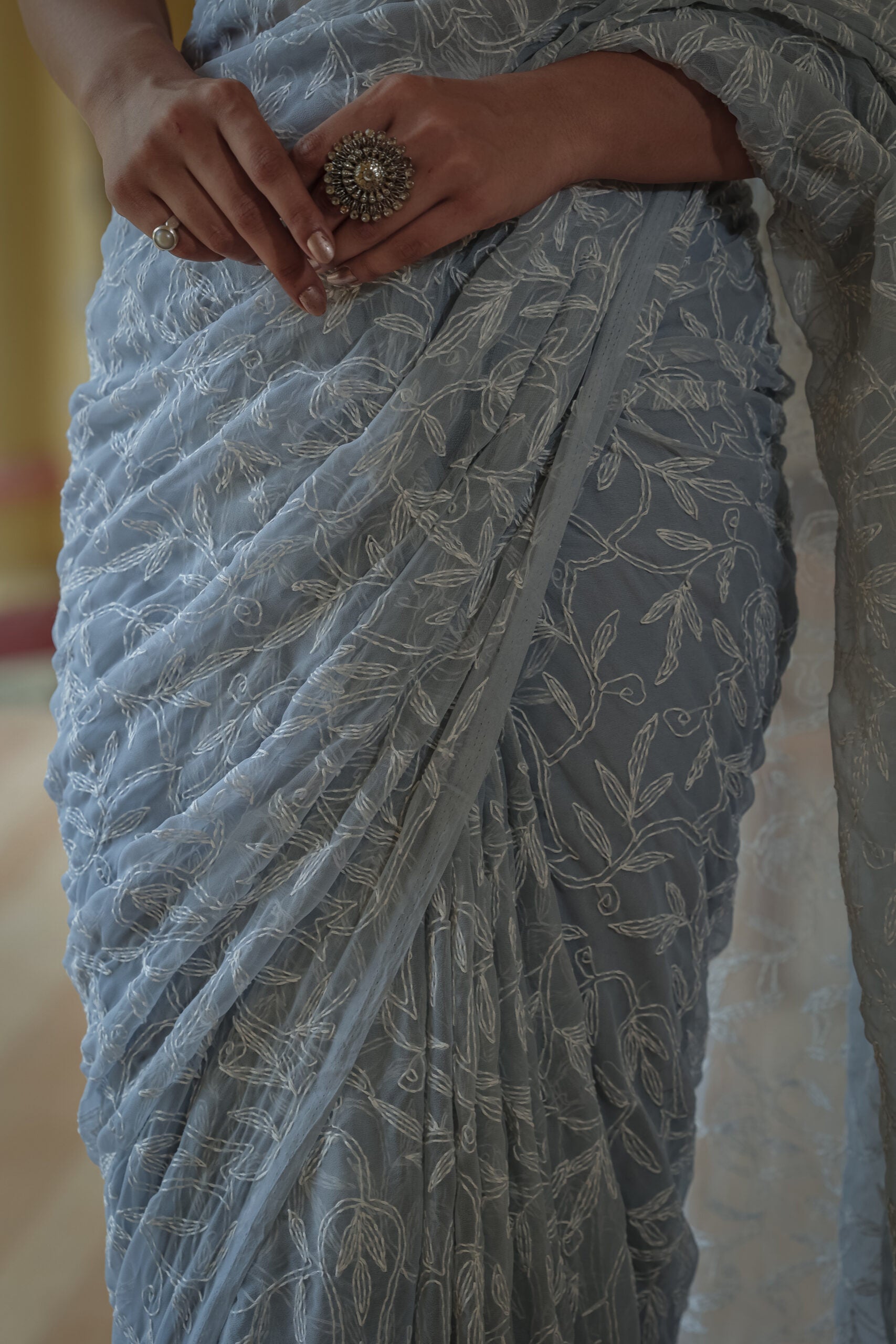 Urviya Chikankari Viscose Georgette Saree with Tepchi Work Blue