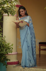 Urviya Chikankari Viscose Georgette Tone on Tone Saree Light Blue