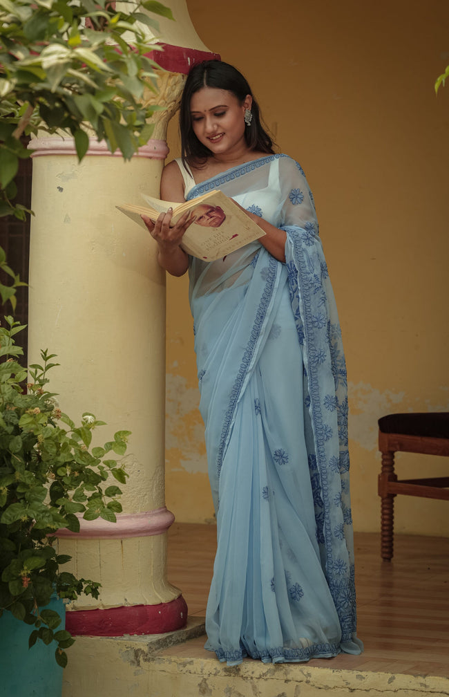 Urviya Chikankari Viscose Georgette Tone on Tone Saree Light Blue