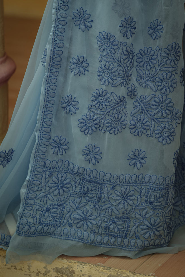 Urviya Chikankari Viscose Georgette Tone on Tone Saree Light Blue