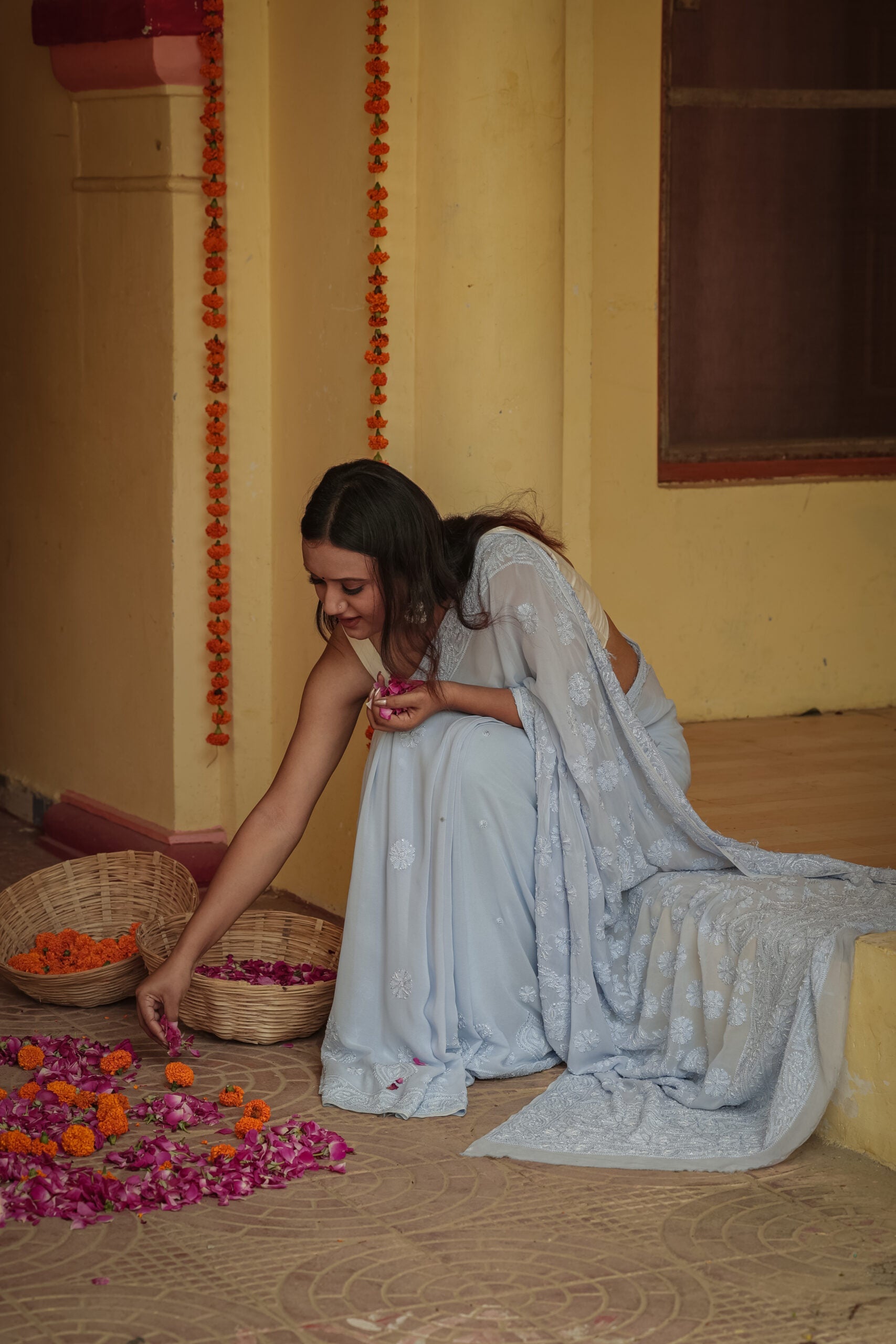 Urviya Chikankari Georgette Tone on Tone Saree With Cutdana and Pearl Work Blue