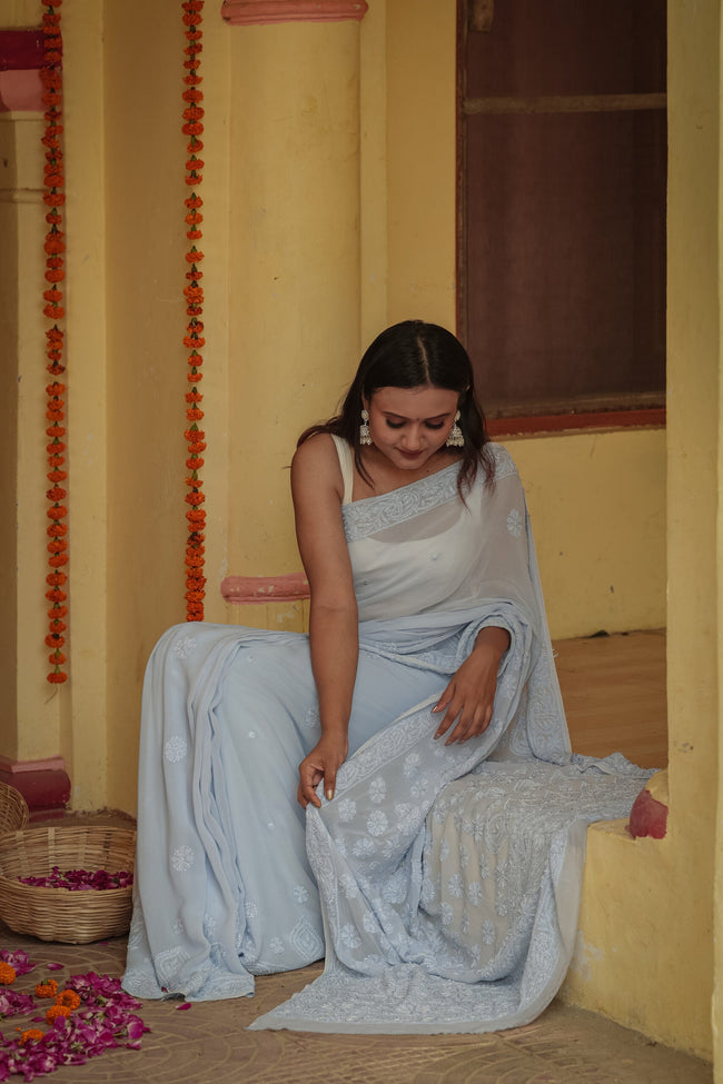 Urviya Chikankari Georgette Tone on Tone Saree With Cutdana and Pearl Work Blue