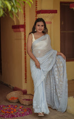 Urviya Chikankari Georgette Tone on Tone Saree With Cutdana and Pearl Work Blue