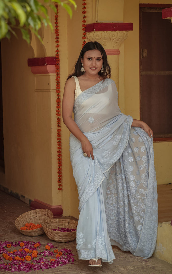 Urviya Chikankari Georgette Tone on Tone Saree With Cutdana and Pearl Work Blue
